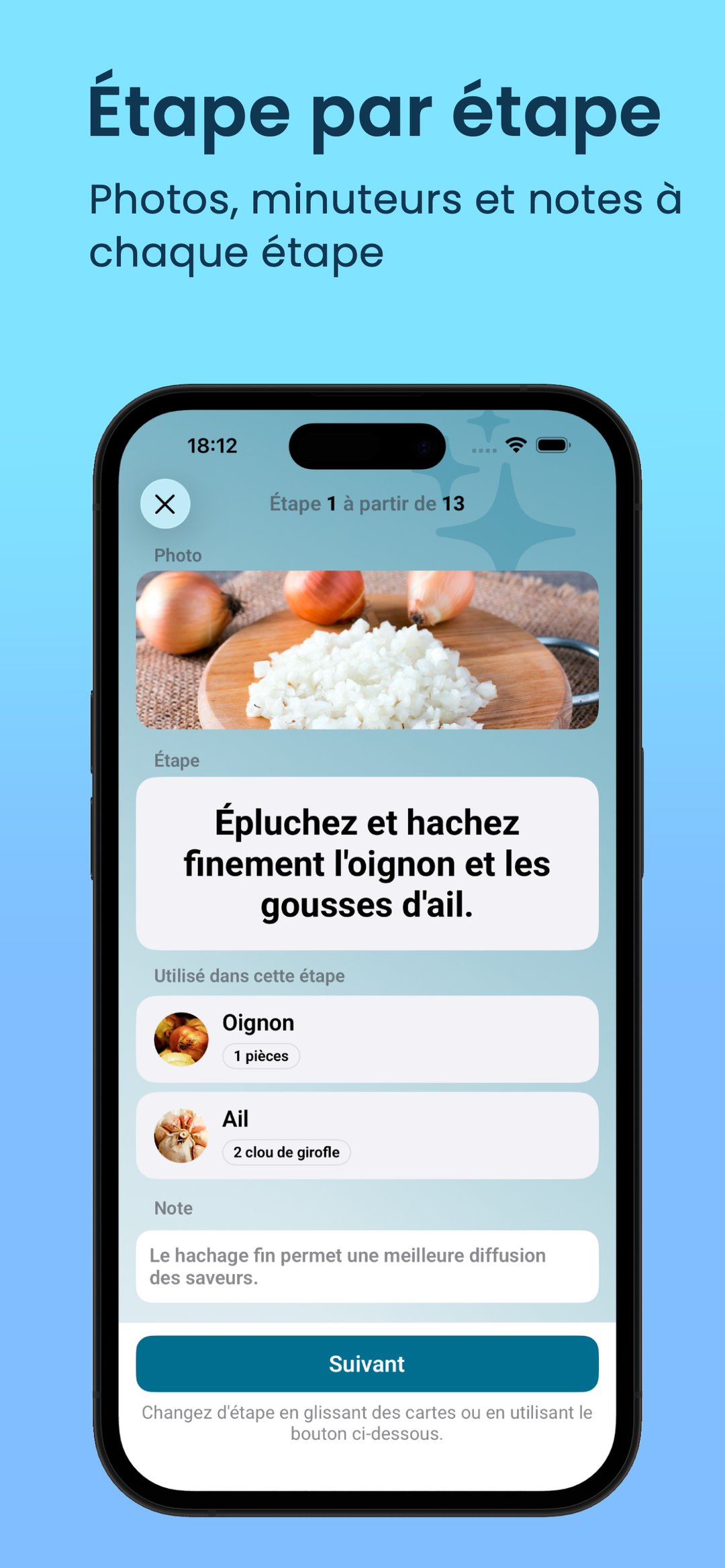 Étape par étape : photos, minuteurs et notes pour chaque étape