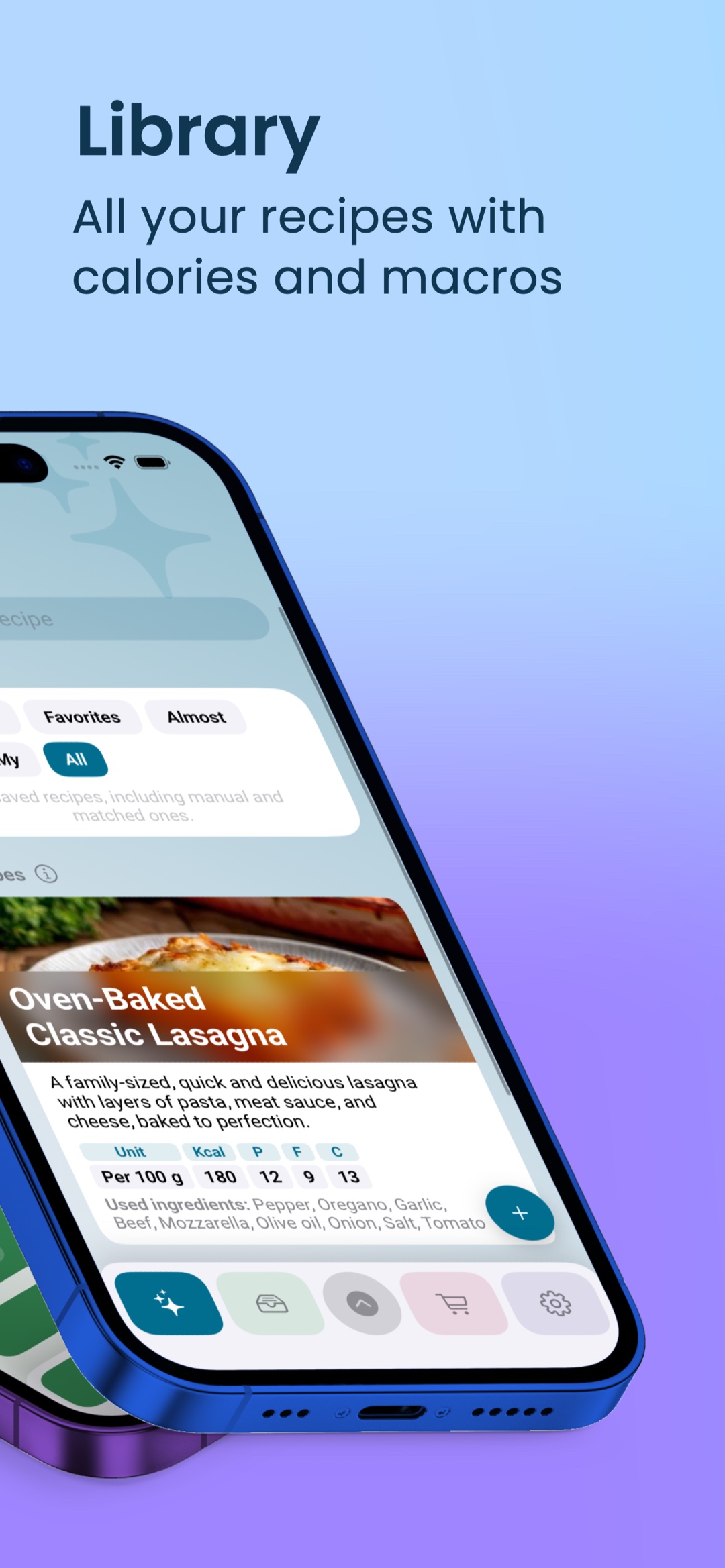 Library — all your recipes with calories and macros